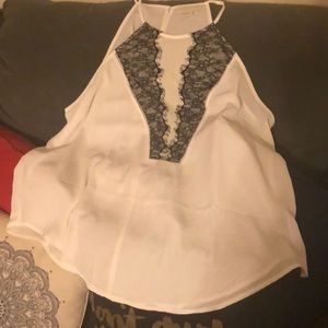 White halter top with mesh center and lace trim